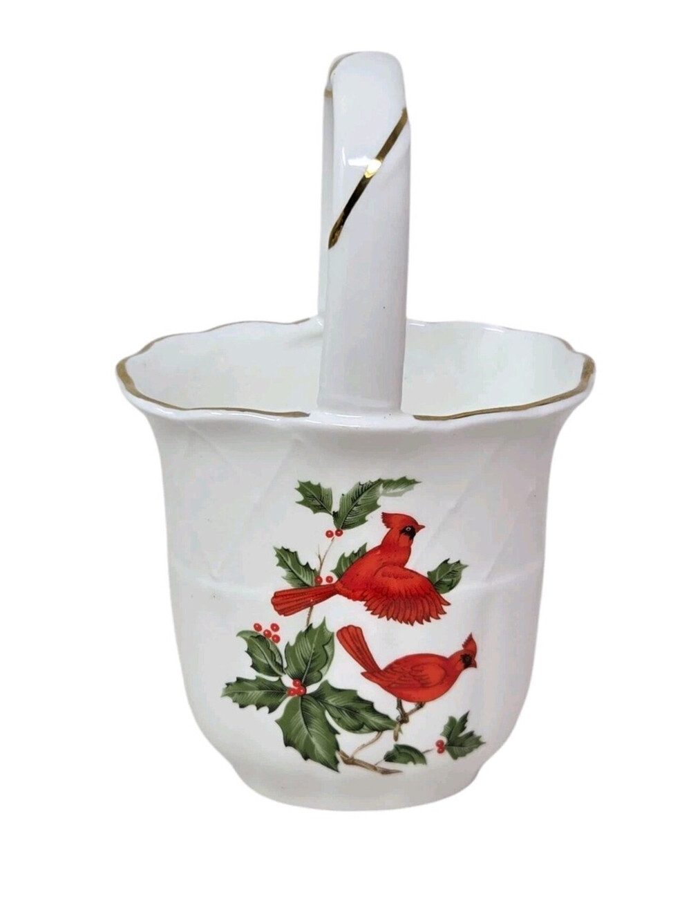 Vintage Lefton Cardinal Mini Basket Christmas Holly 05979 Taiwan